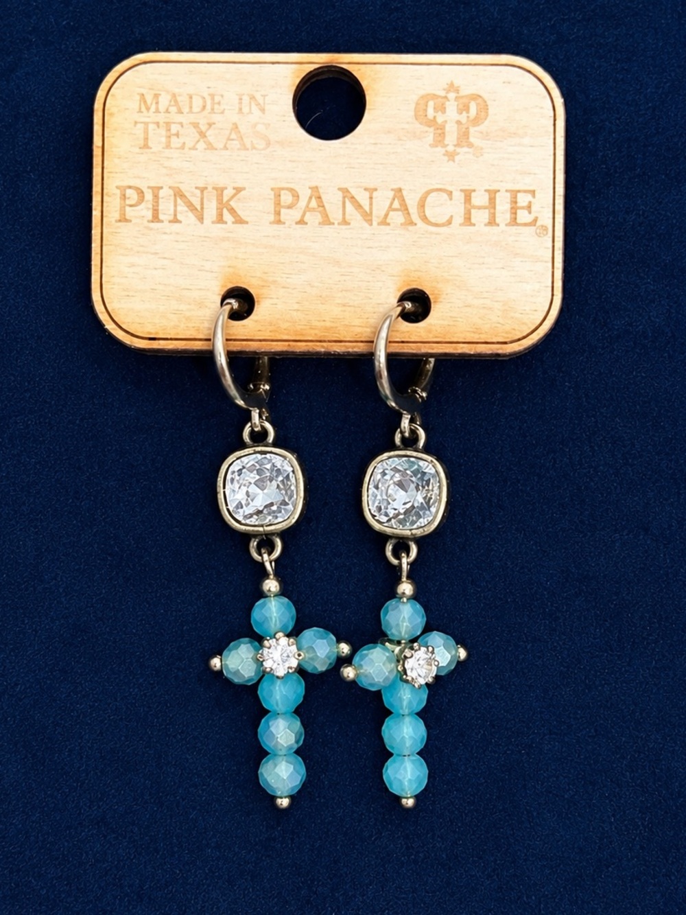 Pink Panache Clear Crystal with mint Cross Drop Earrings